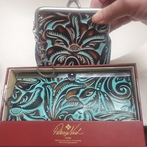 Patricia Nash 2pc. Turquoise and Brown Wallet Plus Matching Kisslock Coin Purse